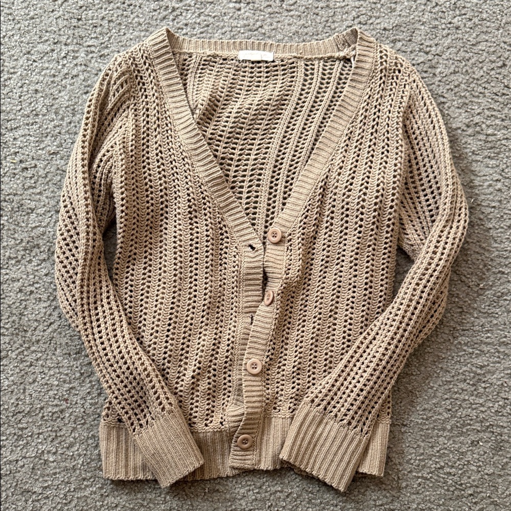 Ambiance Open-Knit Button Front Cardigan in Beige